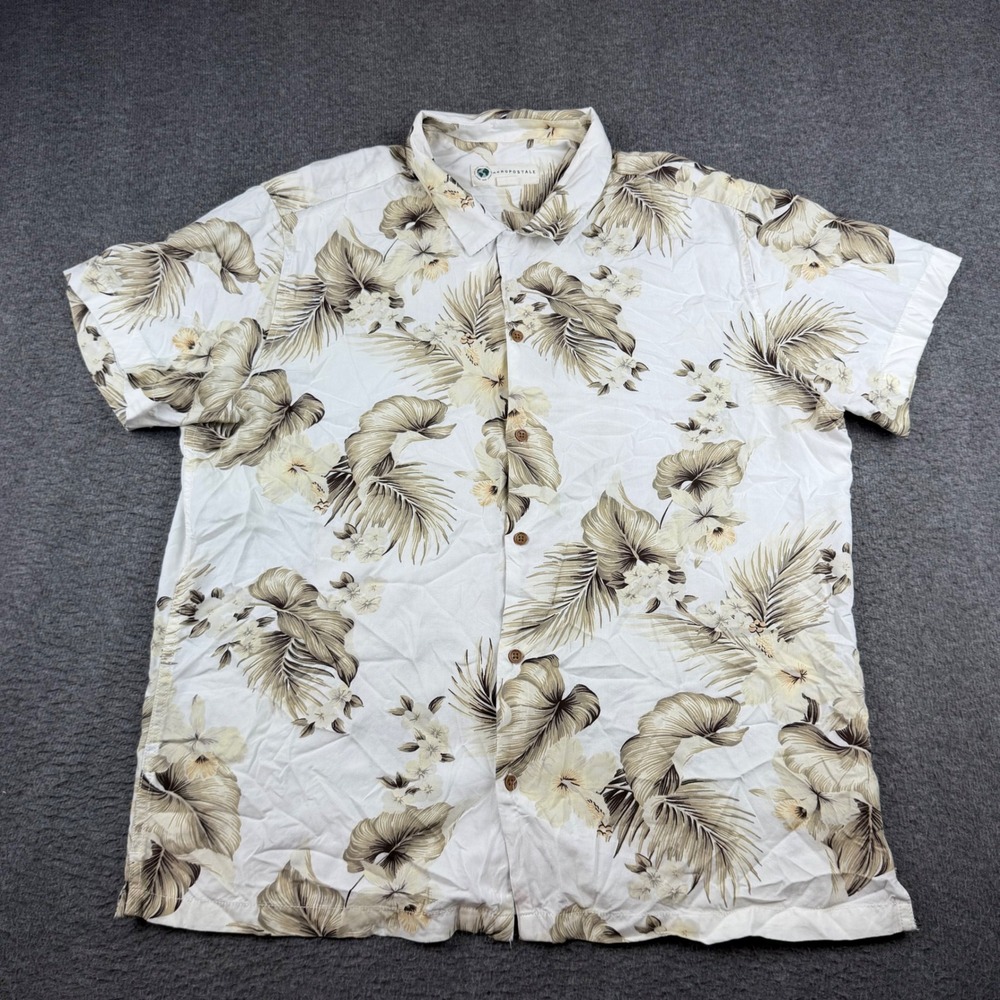 Aeropostale Button Down Shirt Men's XL White Tropical Floral Palm Short Sleeve
